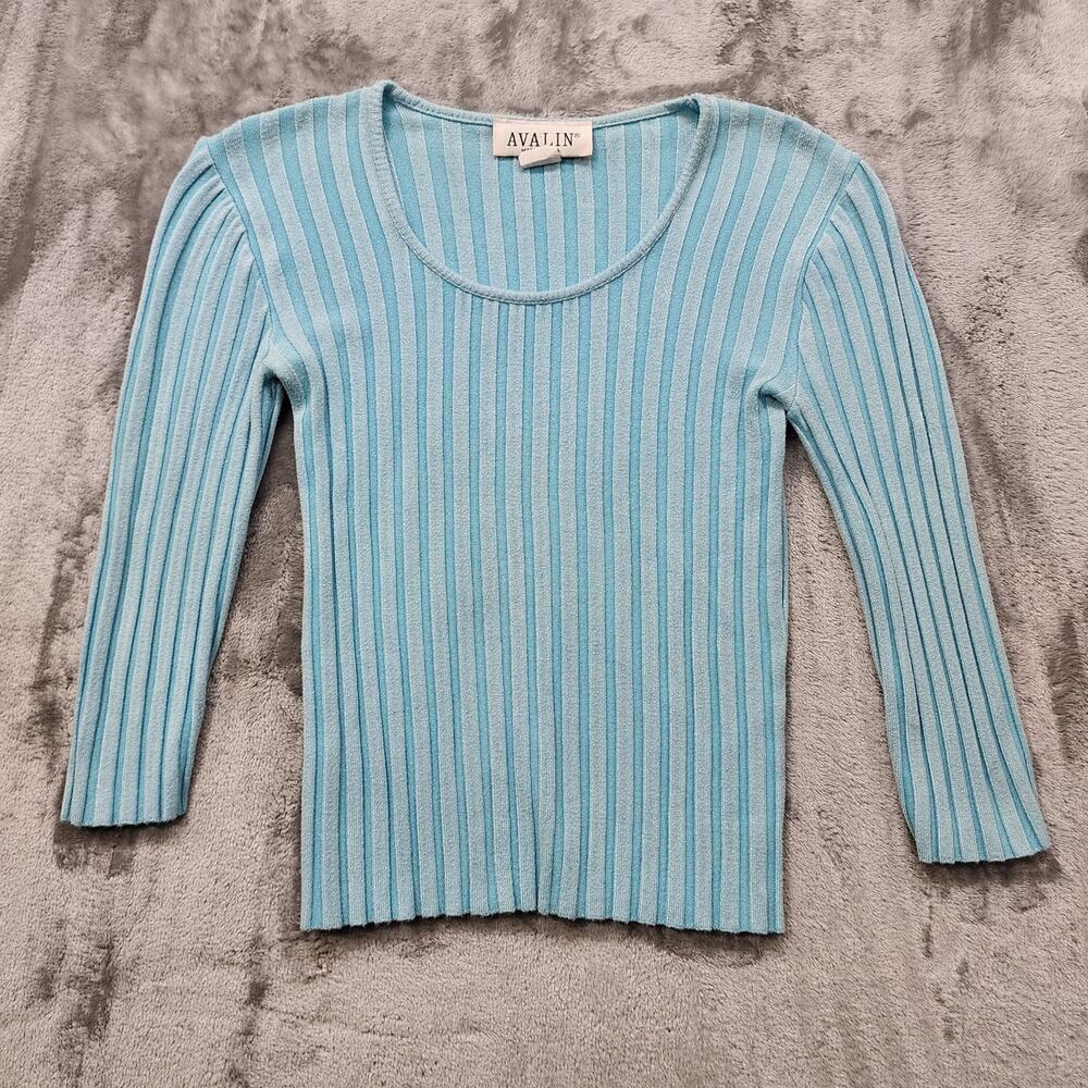 Vintage‎ 90s Avalin Sweater Womens L Blue Ribbed Scoop Neck 3/4 Sleeve Stretch